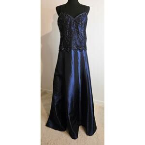 Montage by Mon Cheri A-line Evening Gown Strapless Satin Lace Beading Blue Sz 18